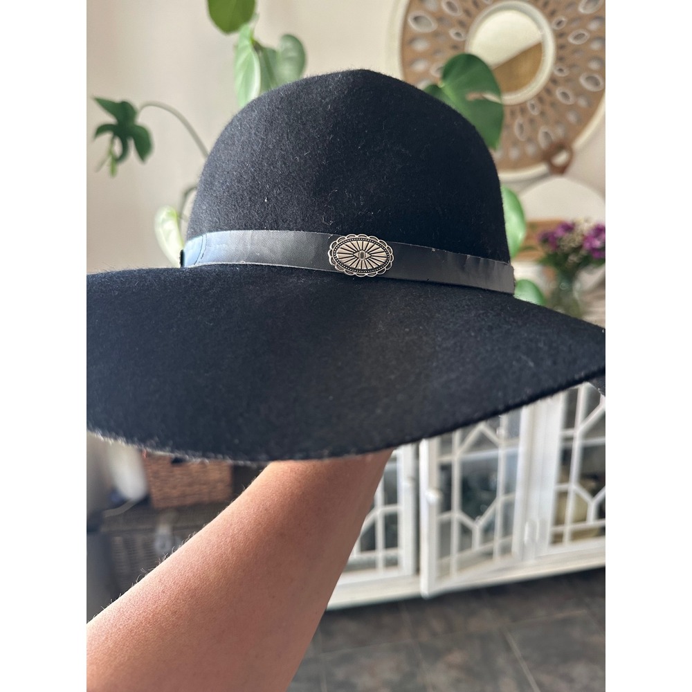 100% Wool Black Floppy Hat - Wide Brim with Silver Concho Band - 57cm‎ Coachella